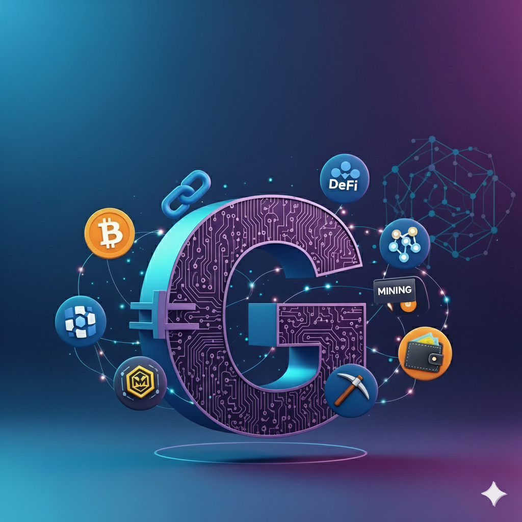 Uma letra G com ícones de criptomoedas, blockchain, DeFi e mineração conectados por linhas digitais