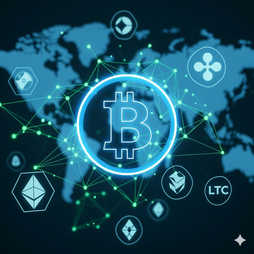 Símbolo do Bitcoin no centro de uma rede global de criptomoedas, com ícones de Ethereum e Litecoin