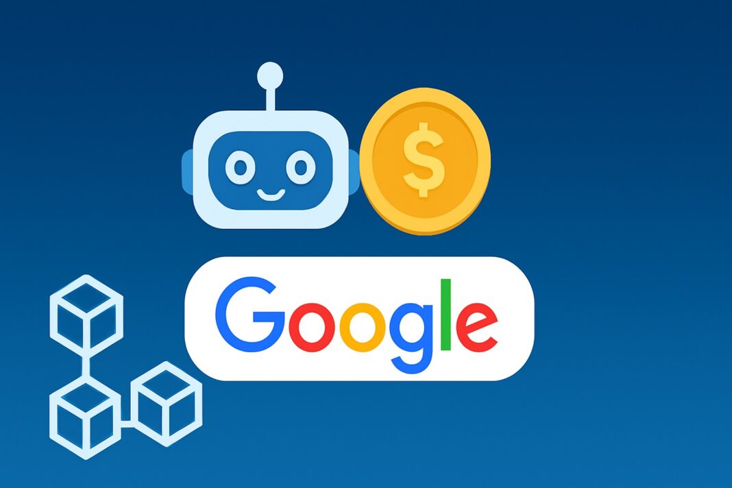 Ícones representando um robô de inteligência artificial, uma moeda, o logo do Google e um bloco de blockchain