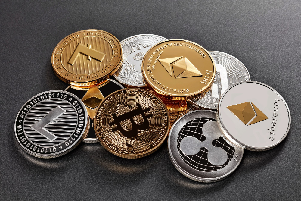 Alt Coins, Uma pilha de moedas físicas representando diversas criptomoedas como Bitcoin, Ethereum, Ripple e Litecoin