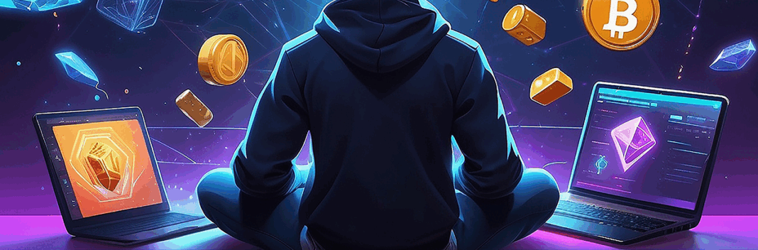 Pessoa sentada de costas em um ambiente digital, rodeada por moedas e símbolos de criptomoedas, incluindo Bitcoin e Ethereum