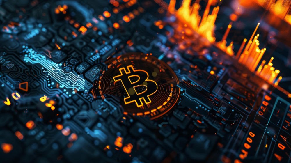 símbolo do bitcoin em placa de circuito com luzes digitais representando proof of work e proof of stake.