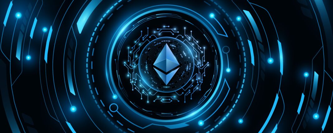 logotipo do ethereum em fundo digital azul representando a atualização fusaka