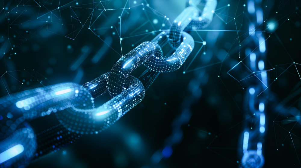 Ilustração de correntes digitais representando a interoperabilidade entre blockchains.