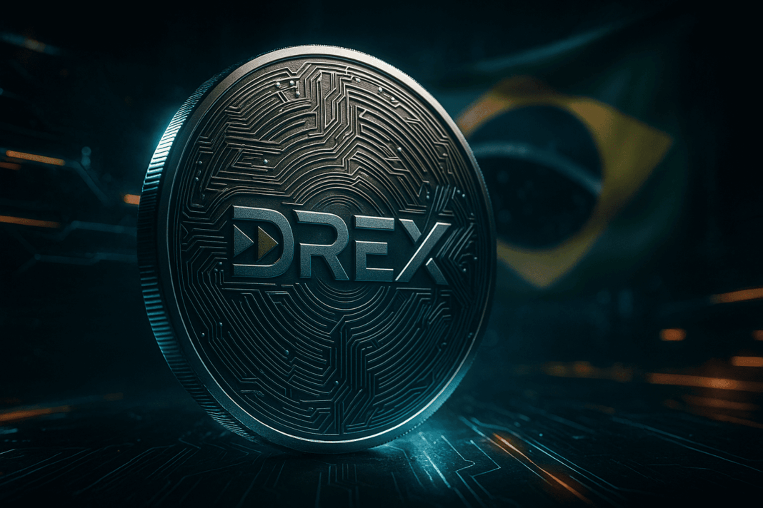 Moeda digital Drex em destaque com a bandeira do Brasil ao fundo, representando a CBDC do Banco Central.