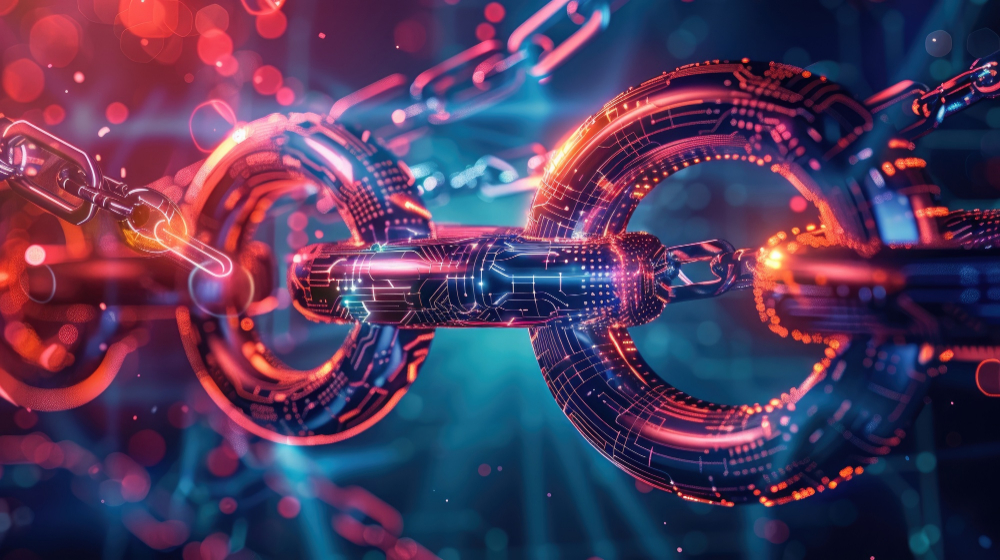 Ilustração de correntes digitais interligadas representando o uso de blockchain pela Swift.