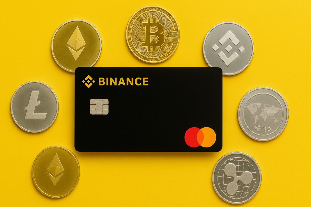 Cartão da Binance e Mastercard cercado por criptomoedas, simbolizando o lançamento do Binance Card no Brasil.