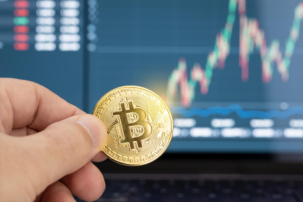 Pessoa segurando uma moeda de Bitcoin diante de uma tela com gráfico de mercado, simbolizando a estreia da OranjeBTC na B3.