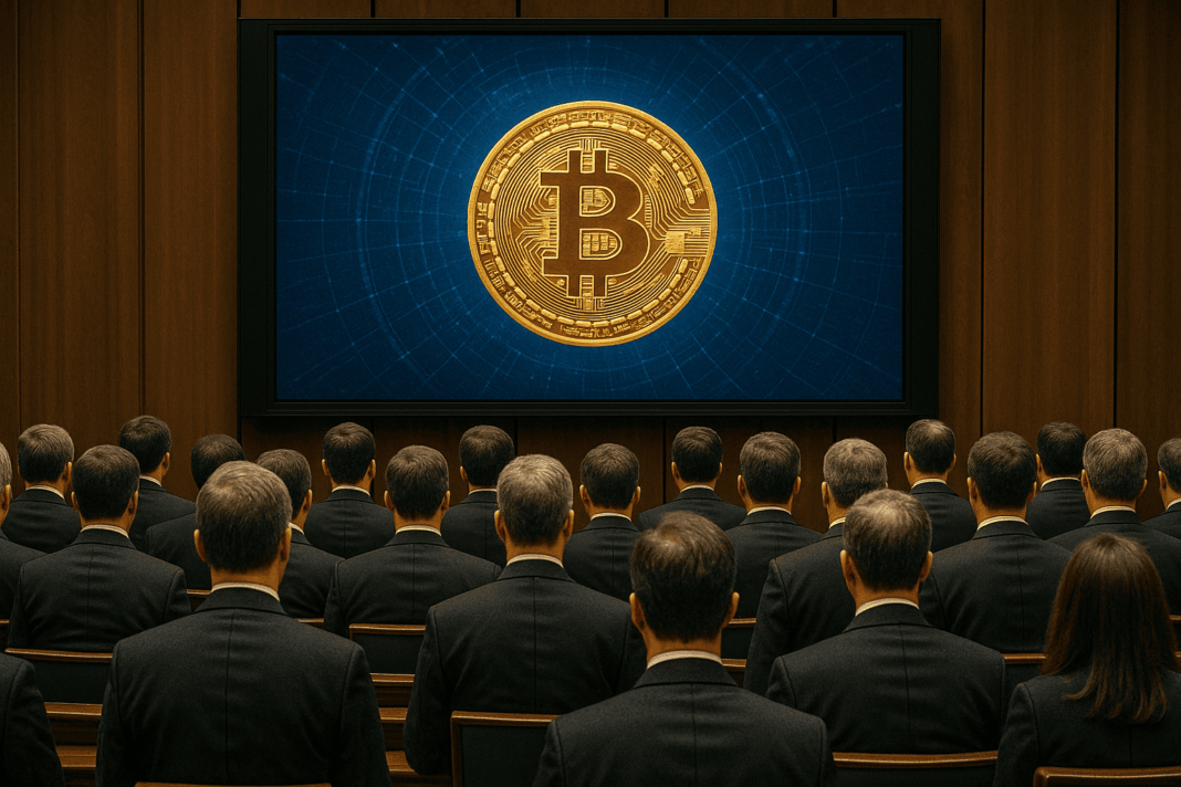Parlamentares assistem a uma apresentação com o símbolo do Bitcoin em destaque, representando o debate sobre tributação de criptomoedas no Congresso Nacional.