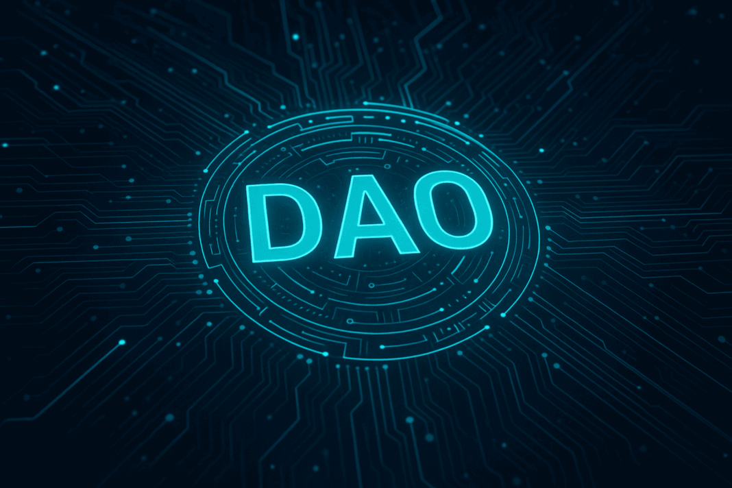 Representação digital com a palavra DAO em destaque sobre um fundo tecnológico, simbolizando organizações autônomas descentralizadas baseadas em blockchain.