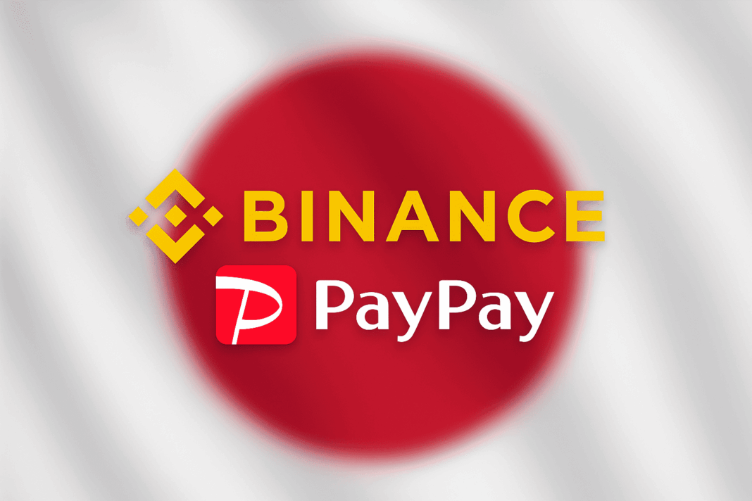 Logos da Binance e da PayPay lado a lado, representando a parceria entre as duas empresas para integrar pagamentos digitais e criptomoedas no Japão.