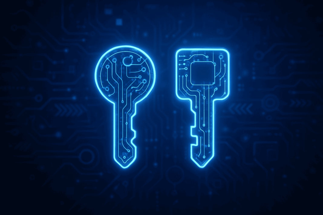 Duas chaves digitais luminosas representando a criptografia assimétrica usada na segurança das transações com criptomoedas.
