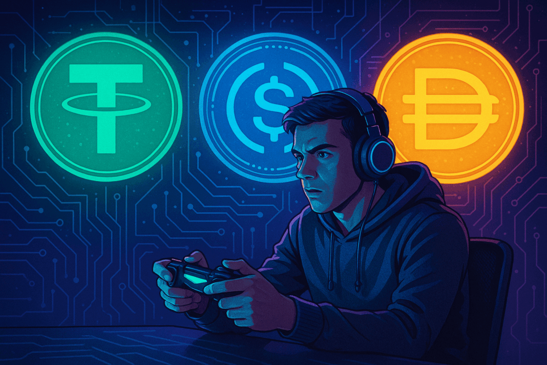 Ilustração mostra jogador concentrado com controle nas mãos, diante dos logotipos das stablecoins USDT, USDC e DAI, representando a integração dessas moedas no universo dos games.