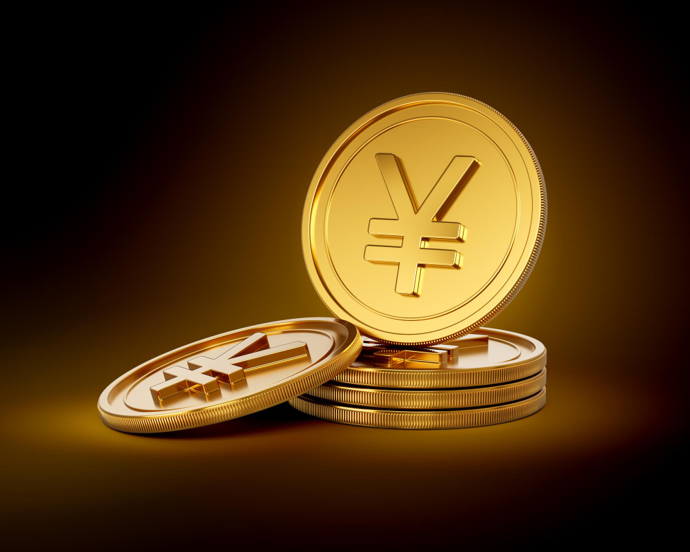 Moedas douradas com o símbolo do iene japonês representam a stablecoin JPYC, primeira moeda digital do Japão totalmente lastreada em iene.