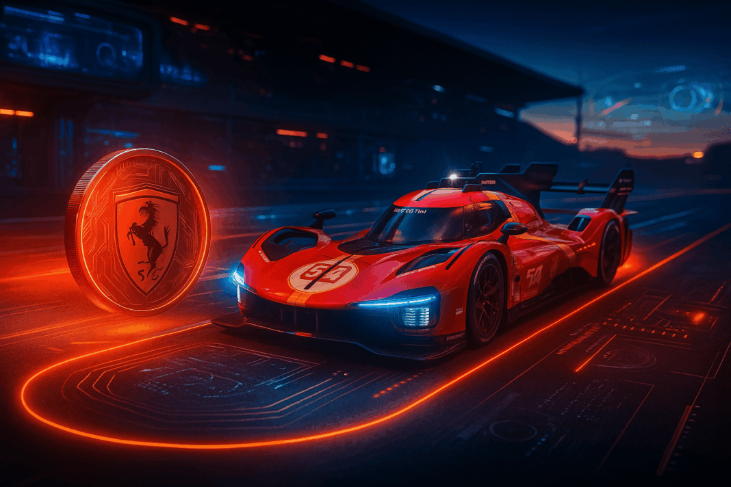 Carro Ferrari 499P em uma pista futurista iluminada por luzes vermelhas, ao lado de uma moeda digital com o logotipo da marca, simbolizando o token Ferrari.