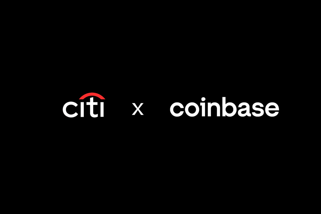 Logos do Citi e da Coinbase lado a lado em fundo preto, simbolizando a parceria entre as empresas para expandir o uso de blockchain em transações internacionais.