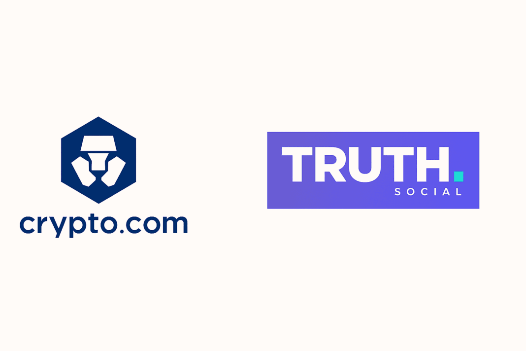 Logos da Crypto.com e da Truth Social lado a lado em fundo claro, representando a parceria entre as empresas para lançar o Truth Predict, mercado de previsões digitais.