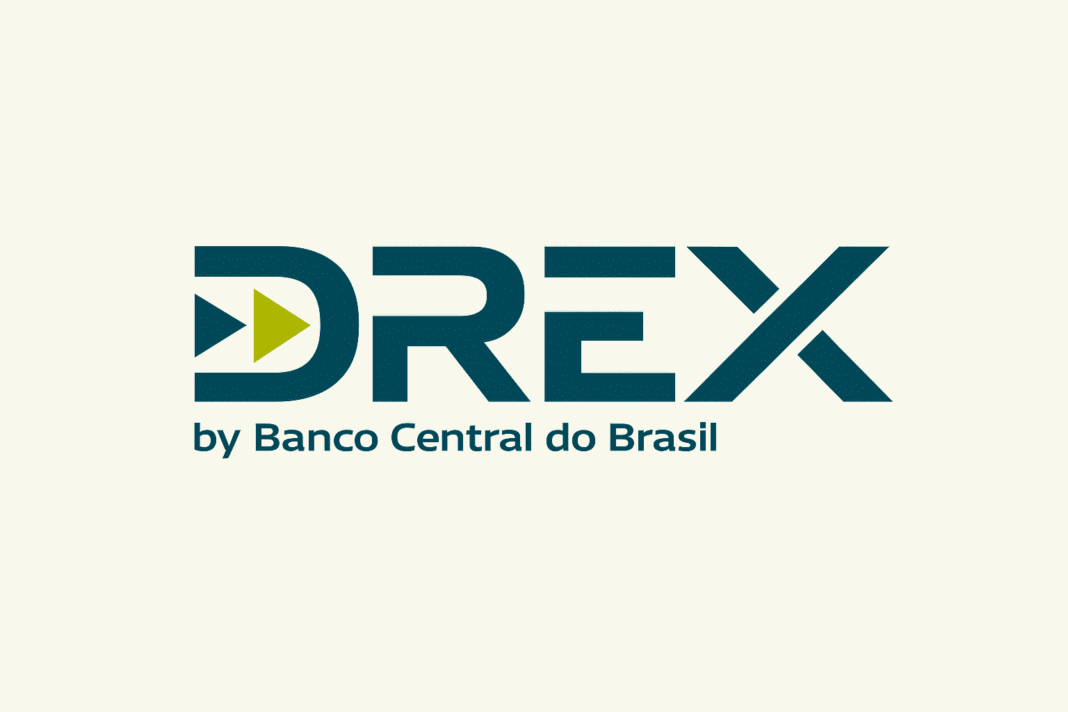 Logotipo do Drex, moeda digital do Banco Central do Brasil, representando o teste internacional conduzido pelo Banco Inter e Chainlink entre Brasil e Hong Kong.