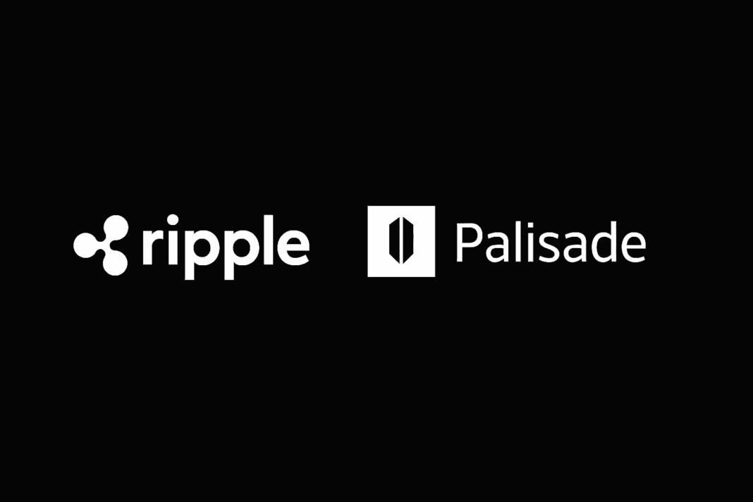 Logotipos da Ripple e da Palisade lado a lado em fundo preto, representando a aquisição da empresa de custódia digital pela Ripple.