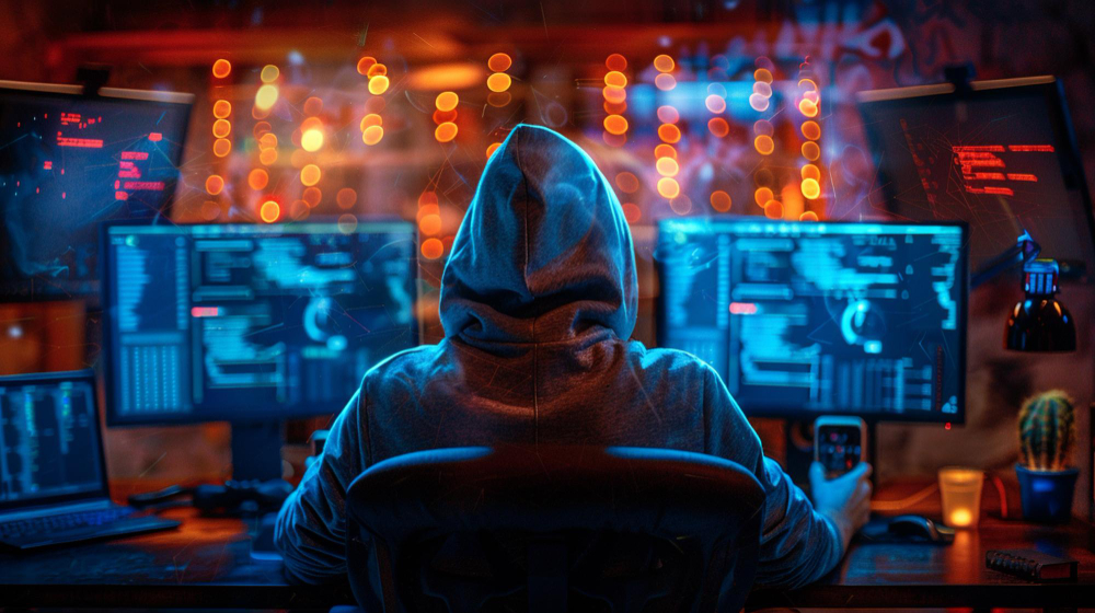 Pessoa com capuz diante de múltiplos monitores em ambiente escuro, representando hackers usando inteligência artificial para criar malwares dinâmicos.