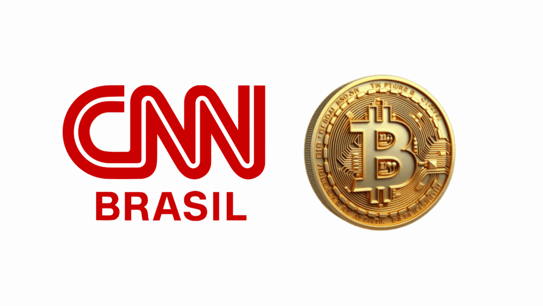 Logotipo da CNN Brasil ao lado de uma moeda de Bitcoin, simbolizando o lançamento do programa “Cripto na Real”, voltado ao mercado de criptomoedas.