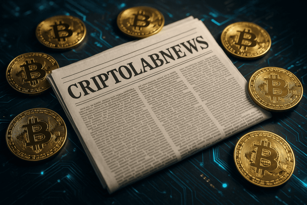 Jornal com o título CriptoLabNews cercado por moedas de Bitcoin sobre uma placa de circuito, simbolizando o resumo semanal do mercado de criptomoedas.