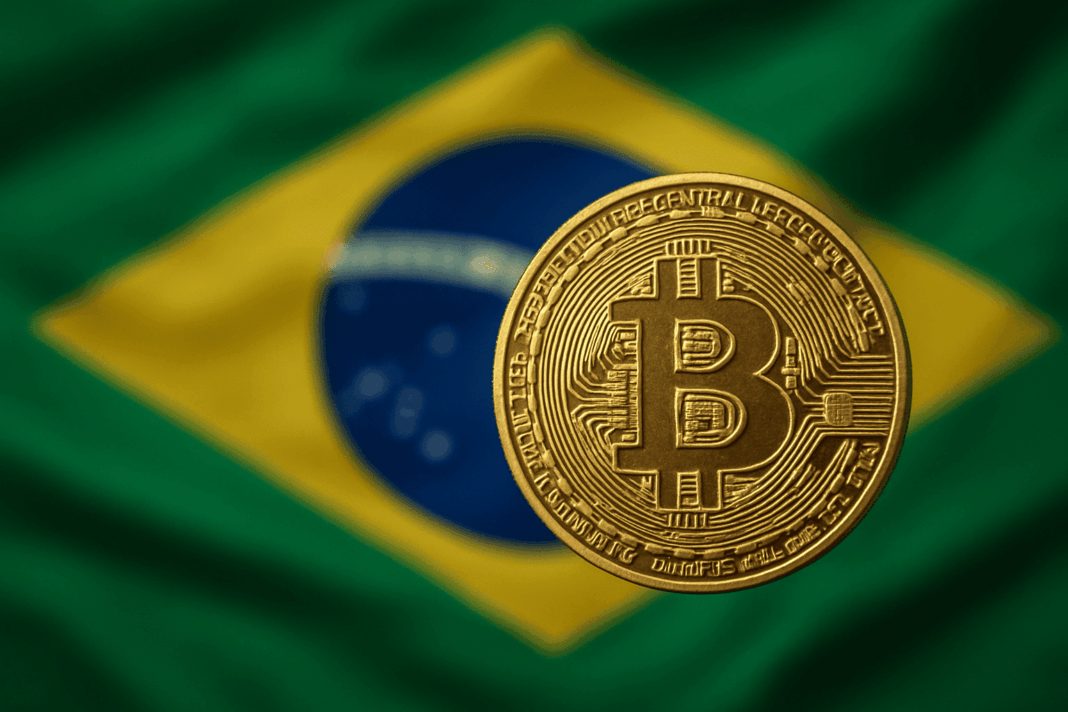 Moeda de Bitcoin em destaque à frente da bandeira do Brasil, simbolizando a revisão do Banco Central sobre operações com criptoativos.