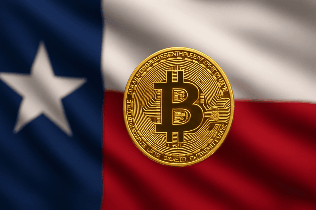 Moeda de Bitcoin em destaque sobre a bandeira do Texas, representando a primeira compra estatal do ativo nos Estados Unidos.