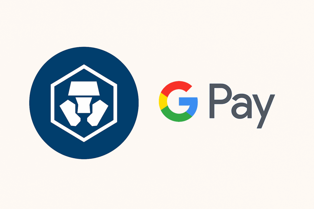 Logos da Crypto.com e do Google Pay representando a integração do cartão Visa da exchange com o sistema de pagamentos no Reino Unido.
