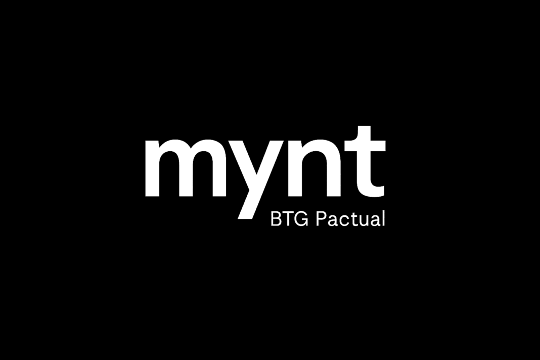 Logotipo da Mynt, plataforma de criptoativos do BTG Pactual, em fundo preto.