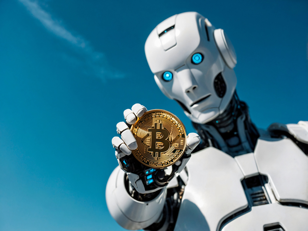 Robô humanoide segurando uma moeda de Bitcoin, simbolizando a união entre inteligência artificial e criptomoedas.