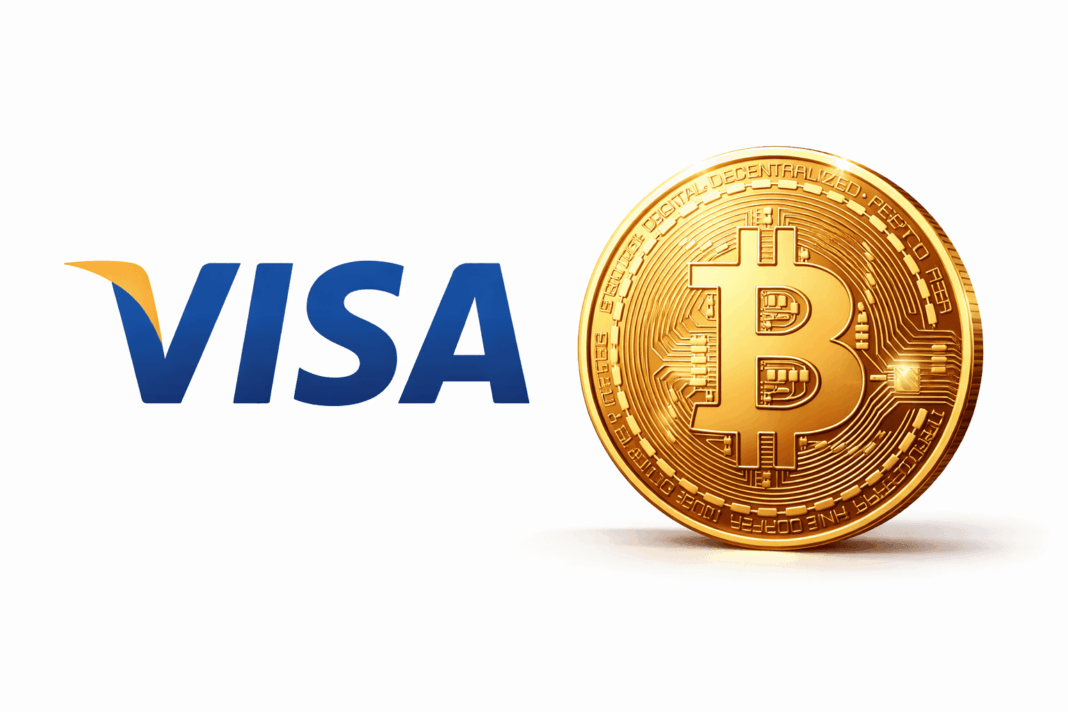 Logo da Visa ao lado de uma moeda de Bitcoin, representando o avanço de criptomoedas e inteligência artificial no consumo dos Estados Unidos.