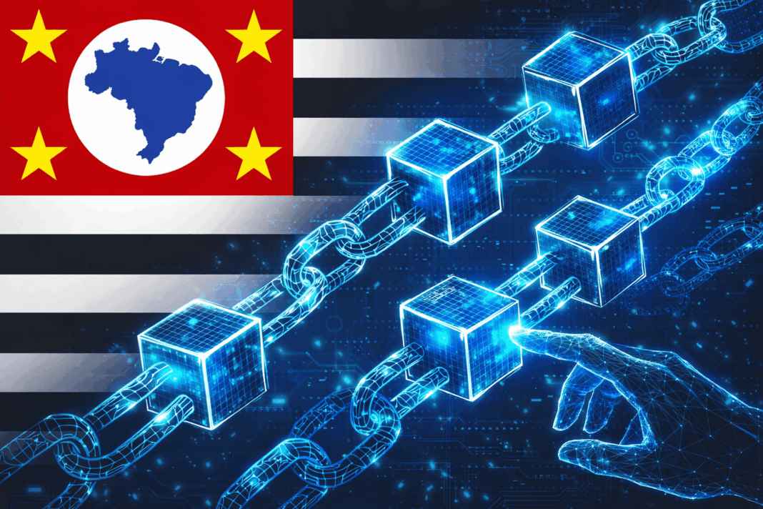 Bandeira do estado de São Paulo cercada por elementos de blockchain, representando o uso da tecnologia em leilões públicos.