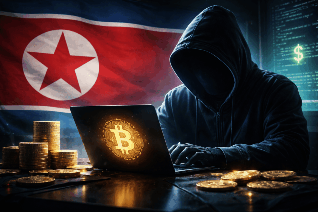 Figura encapuzada usando notebook com símbolo do Bitcoin, representando ataques hackers e roubos de criptomoedas ligados à Coreia do Norte.
