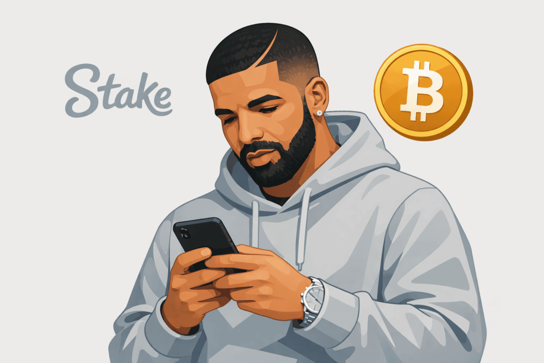 Ilustração de Drake usando celular associada à plataforma Stake e apostas com criptomoedas citadas em ação judicial nos Estados Unidos.