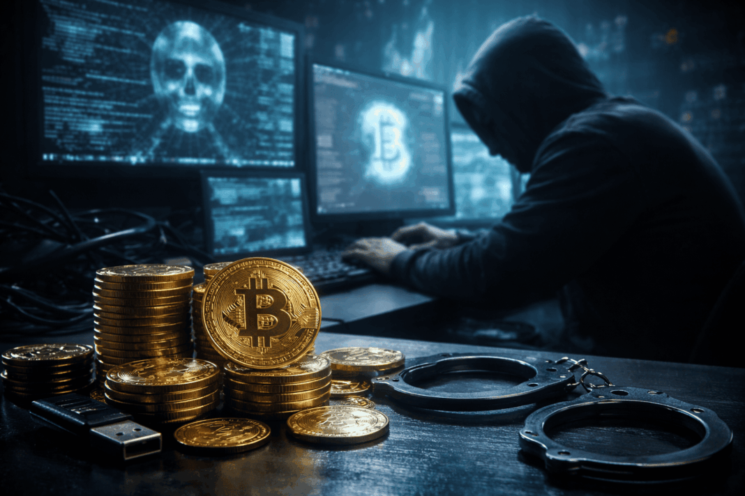 Ilustração representa crimes com criptomoedas em 2025, incluindo lavagem de dinheiro, hacks e uso de stablecoins por organizações e Estados nacionais