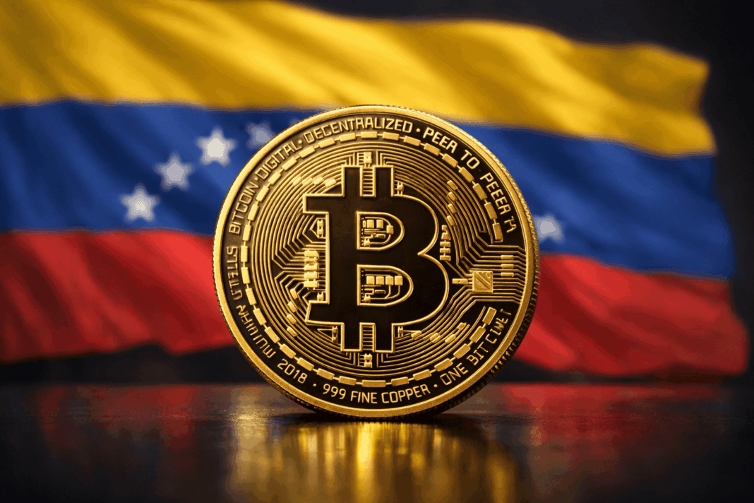 moeda de bitcoin em primeiro plano com bandeira da venezuela ao fundo ilustrando o papel estrategico do criptoativo em contexto geopolitico