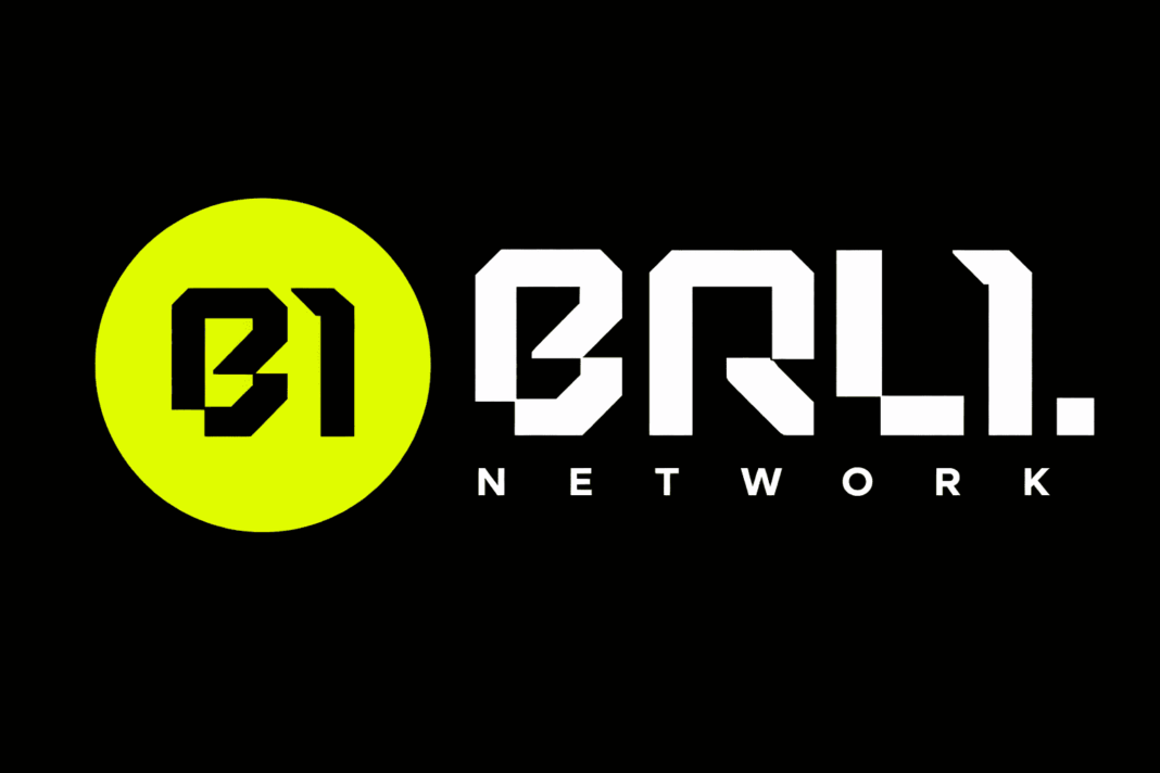 logo da brl1 network em fundo preto destacando a expansao global da stablecoin brl1 com listagem nas exchanges okx e kraken