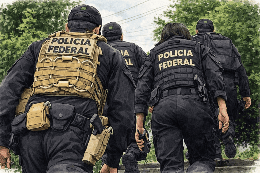 agentes da policia federal em operacao de campo, com coletes identificados, representando investigacao sobre lavagem de dinheiro com criptomoedas