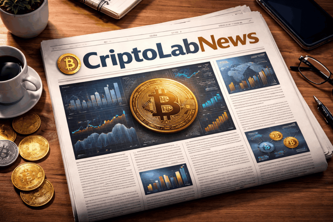 jornal cripto com bitcoin em destaque, graficos financeiros e elementos digitais representando semana do mercado cripto