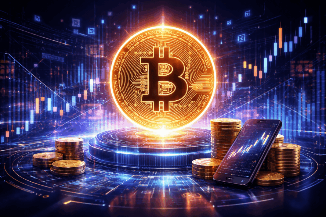 bitcoin em destaque com graficos de mercado, moedas e celular exibindo trading, representando dicas para investir em cripto em 2026