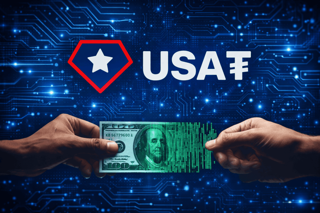 Ilustração mostra nota de dólar sendo digitalizada com símbolo da USA₮, stablecoin regulada da Tether nos Estados Unidos