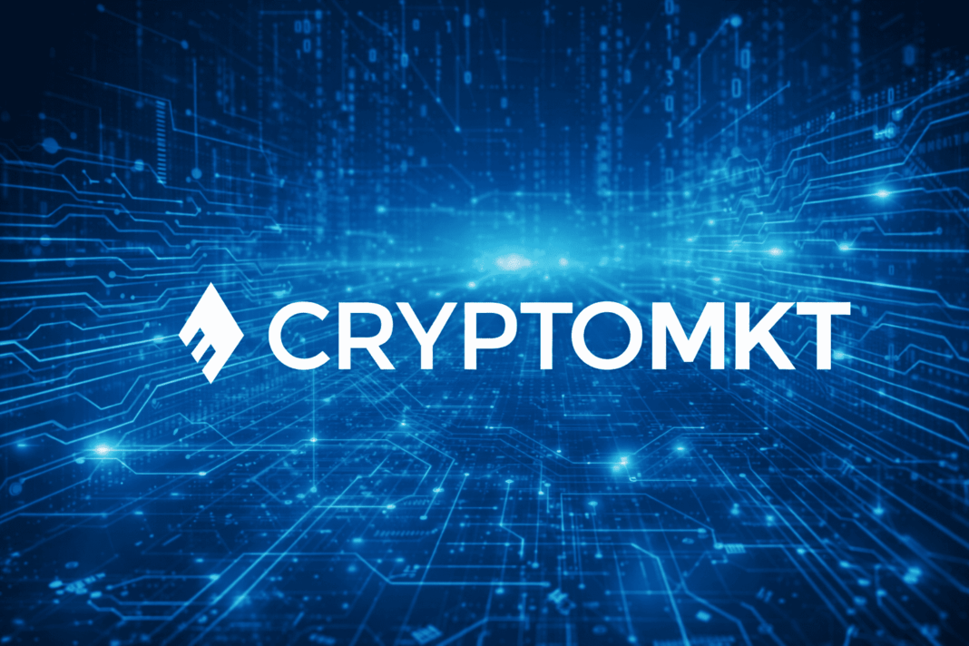logotipo da CryptoMKT em fundo tecnológico representando o rebranding da empresa para Notbank e sua transição para um ecossistema financeiro digital